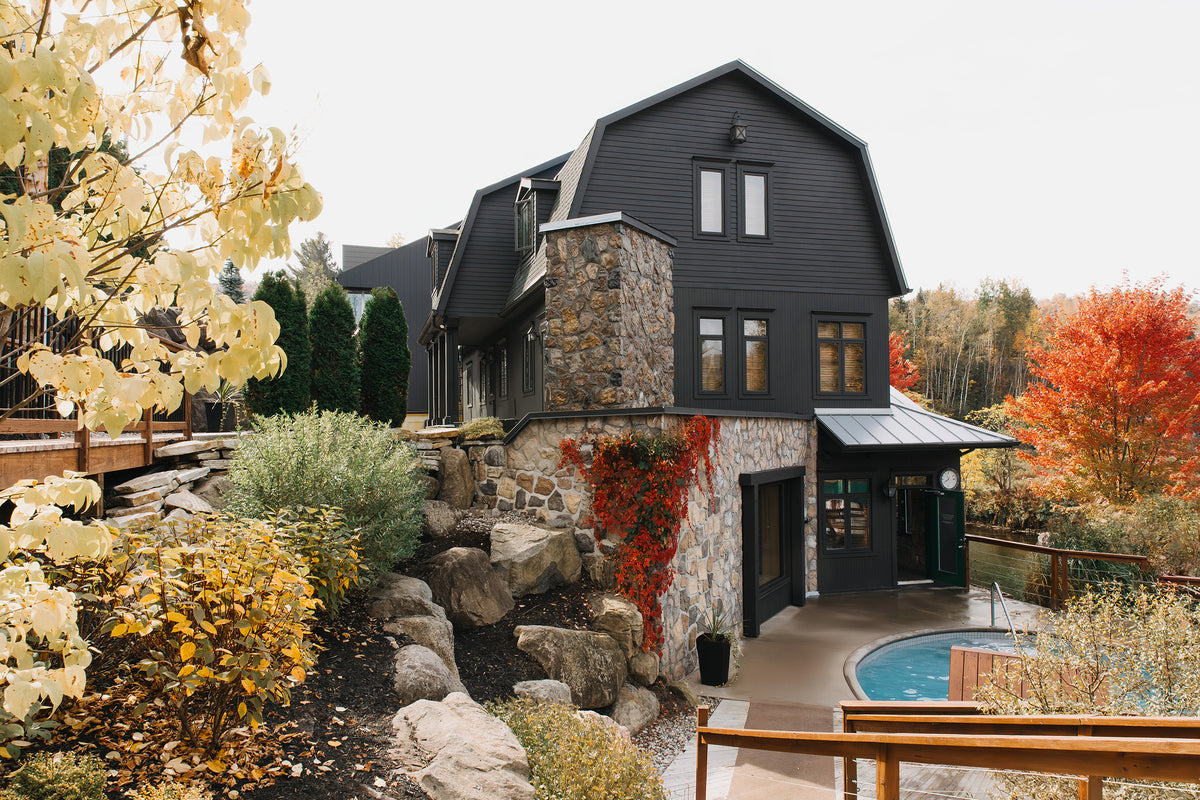 Spa buildings beside the river in autumn
