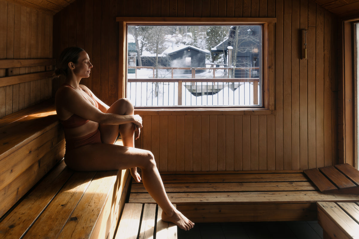 Wood sauna overlooking a snowy landscape